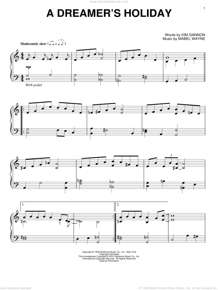 A Dreamer's Holiday sheet music for piano solo by Perry Como, Kim Gannon and Mabel Wayne, intermediate skill level