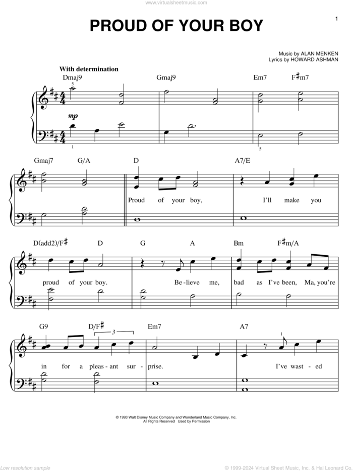 Proud Of Your Boy (from Aladdin: The Broadway Musical) sheet music for piano solo by Alan Menken and Howard Ashman, easy skill level