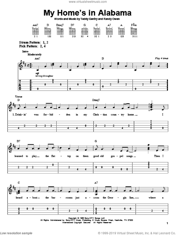 My Home's In Alabama sheet music for guitar solo (easy tablature) by Alabama, Randy Owen and Teddy Gentry, easy guitar (easy tablature)