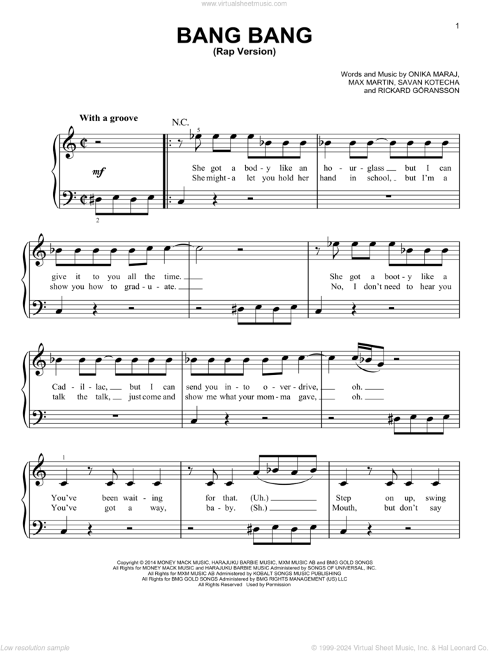 Bang Bang sheet music for piano solo by Jessie J, Ariana Grande & Nicki Minaj, Max Martin, Onika Maraj, Rickard Goransson and Savan Kotecha, easy skill level