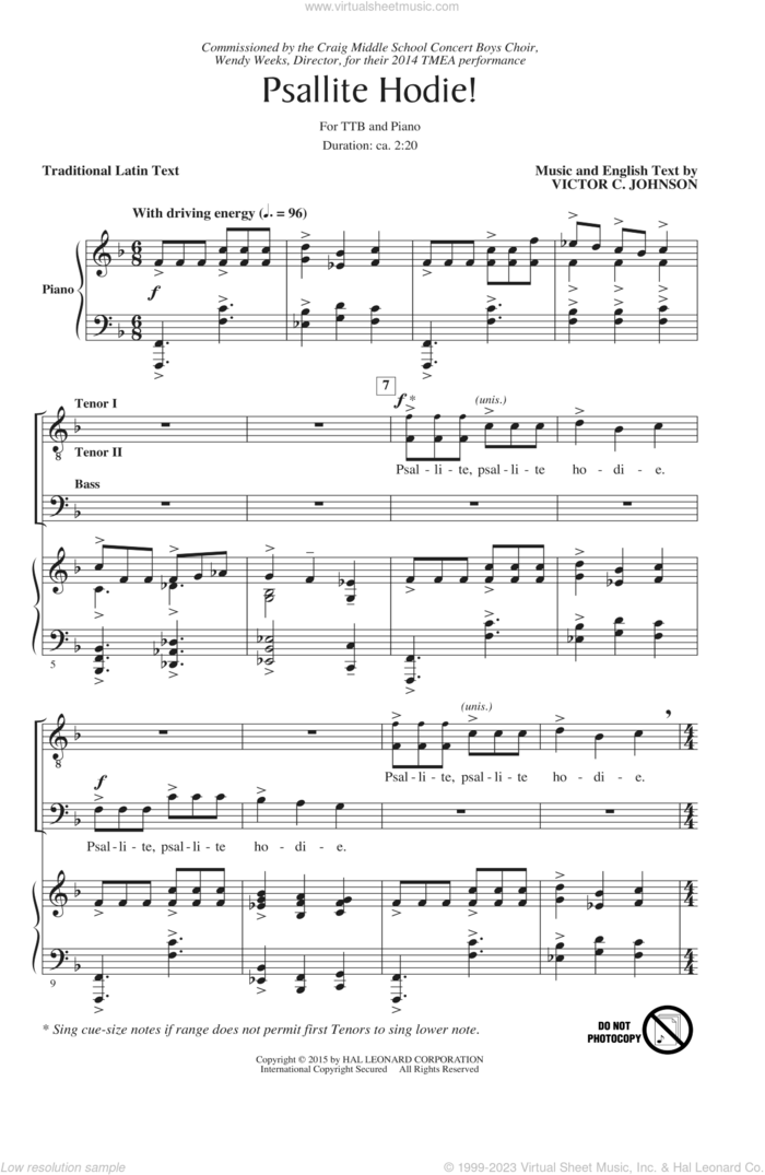 Psallite Hodie! sheet music for choir (TTB: tenor, bass) by Victor Johnson, intermediate skill level