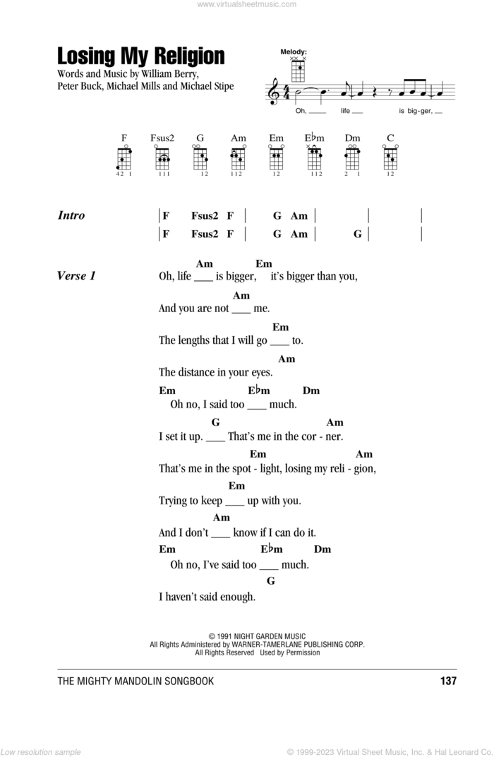 Losing My Religion sheet music for mandolin (chords only) by R.E.M., Dia Frampton, Michael Stipe, Mike Mills, Peter Buck and William Berry, intermediate skill level