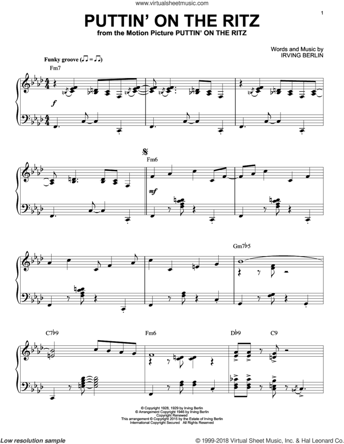 Puttin' On The Ritz [Jazz version] (arr. Brent Edstrom) sheet music for piano solo by Irving Berlin and Taco, intermediate skill level