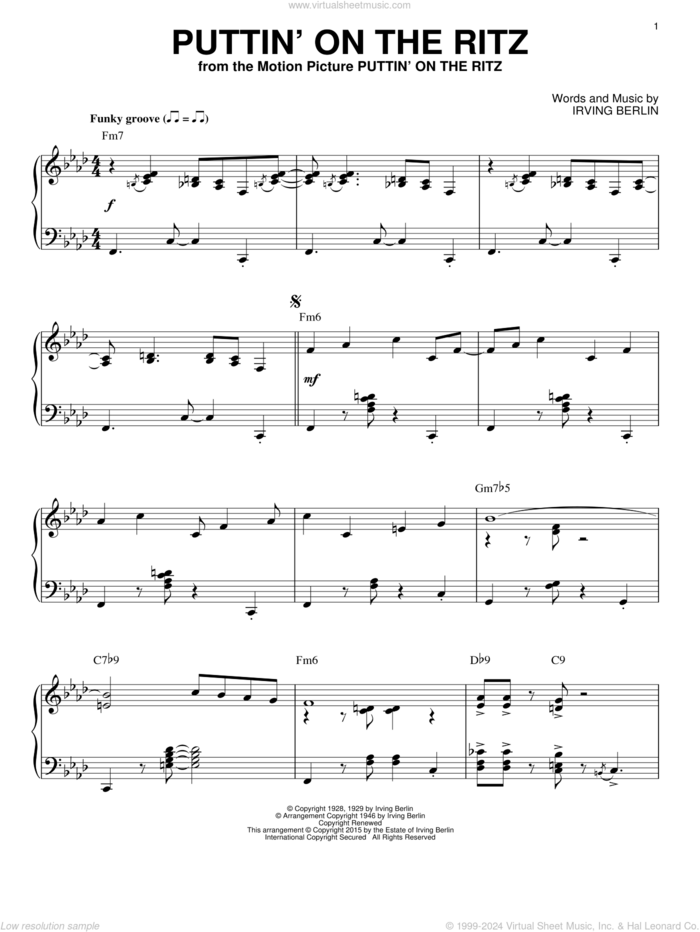 Puttin' On The Ritz [Jazz version] (arr. Brent Edstrom) sheet music for piano solo by Irving Berlin and Taco, intermediate skill level