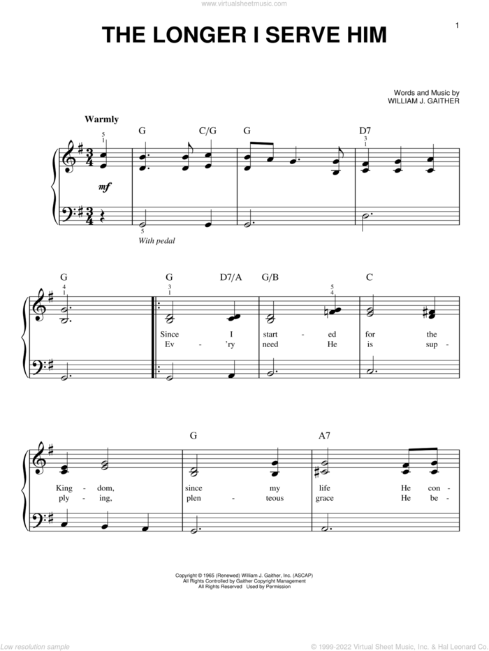 The Longer I Serve Him, (easy) sheet music for piano solo by William J. Gaither, easy skill level