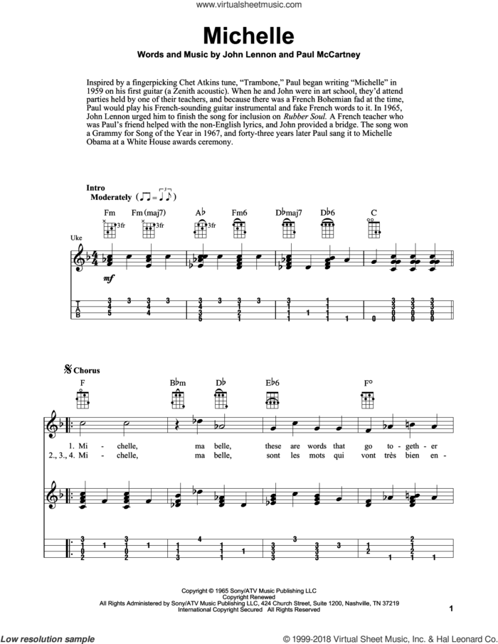Michelle sheet music for ukulele (easy tablature) (ukulele easy tab) by The Beatles, Fred Sokolow, John Lennon and Paul McCartney, intermediate skill level