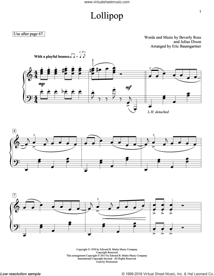 Lollipop sheet music for piano solo (elementary) by Beverly Ross, Eric Baumgartner, Glenda Austin, John Thompson, The Chordettes and Julius Dixon, beginner piano (elementary)
