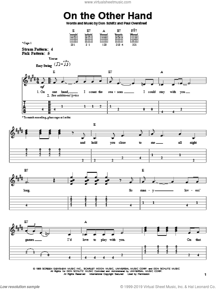 On The Other Hand sheet music for guitar solo (easy tablature) by Randy Travis, Don Schlitz and Paul Overstreet, easy guitar (easy tablature)