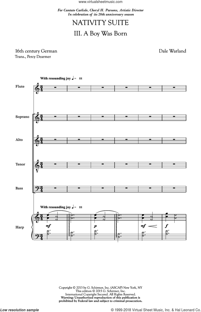 A Boy Was Born sheet music for choir (SATB: soprano, alto, tenor, bass) by Dale Warland, intermediate skill level