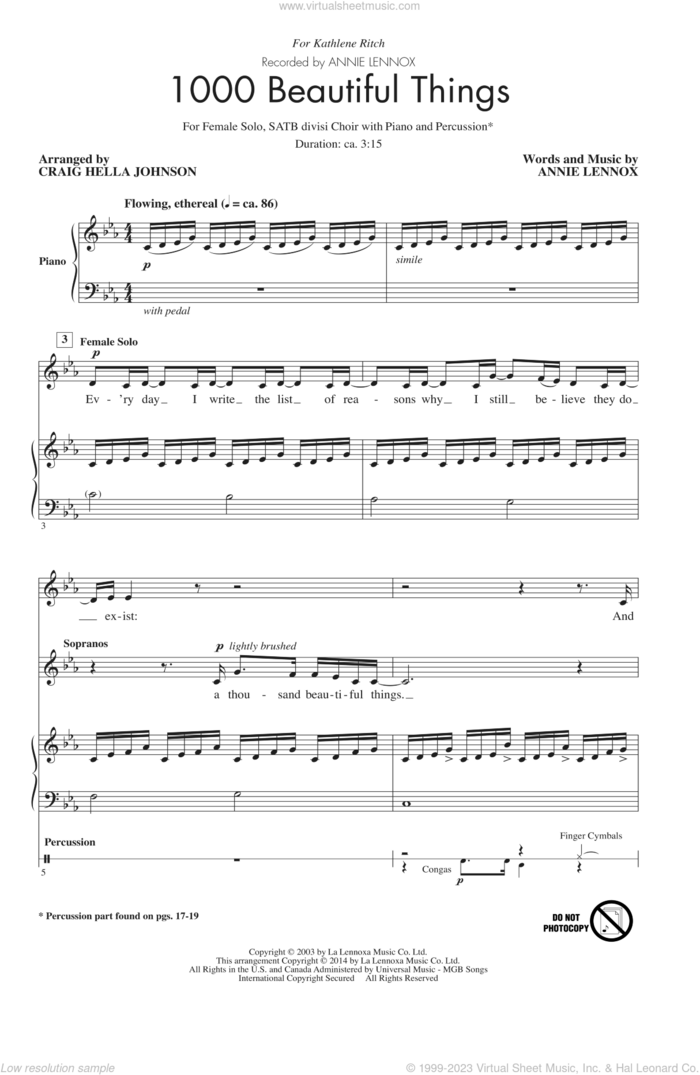 1000 Beautiful Things sheet music for choir (SATB: soprano, alto, tenor, bass) by Annie Lennox and Craig Hella Johnson, intermediate skill level