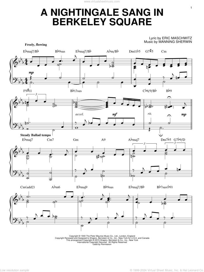 A Nightingale Sang In Berkeley Square [Jazz version] (arr. Brent Edstrom) sheet music for piano solo by Manhattan Transfer, Eric Maschwitz and Manning Sherwin, intermediate skill level