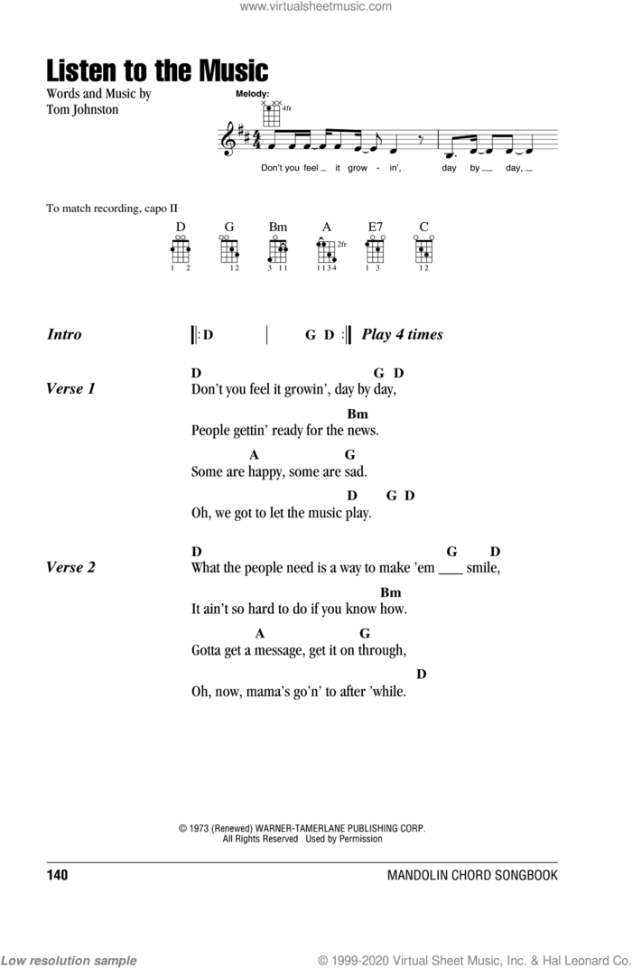 Listen To The Music sheet music for mandolin (chords only) by The Doobie Brothers and Tom Johnston, intermediate skill level
