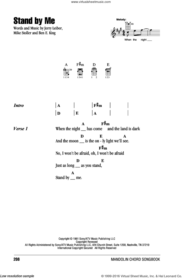 Stand By Me sheet music for mandolin (chords only) by Ben E. King, Mickey Gilley, Jerry Leiber and Mike Stoller, intermediate skill level