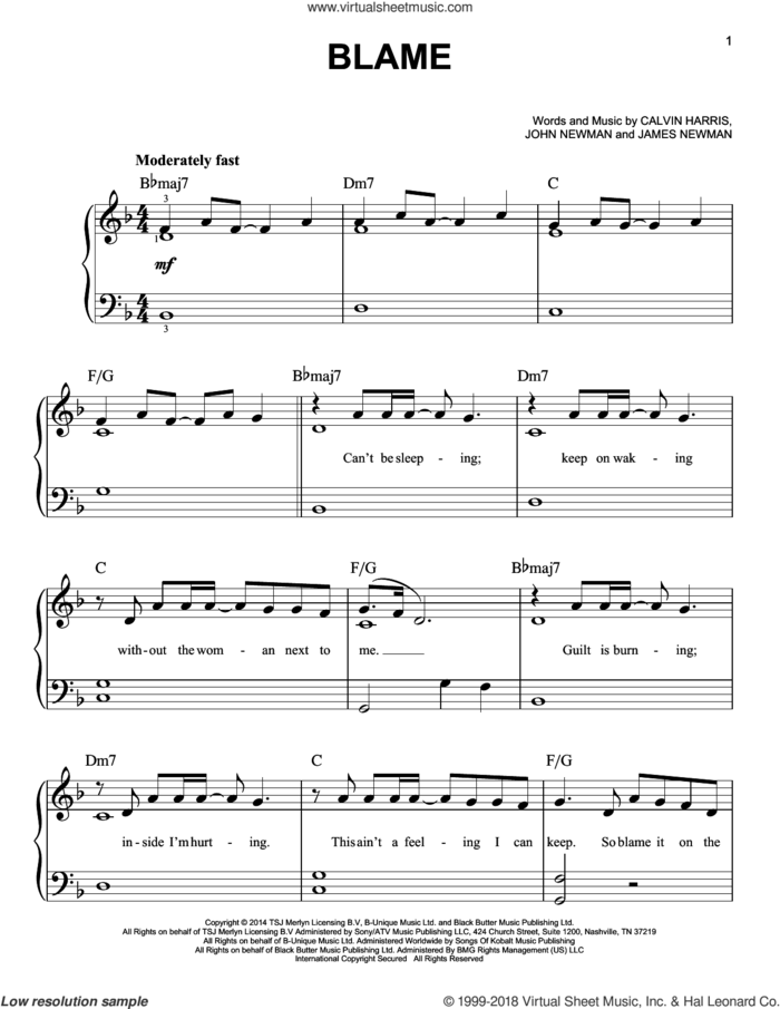 Blame sheet music for piano solo by Calvin Harris feat. John Newman, Calvin Harris, James Newman and John Newman, easy skill level