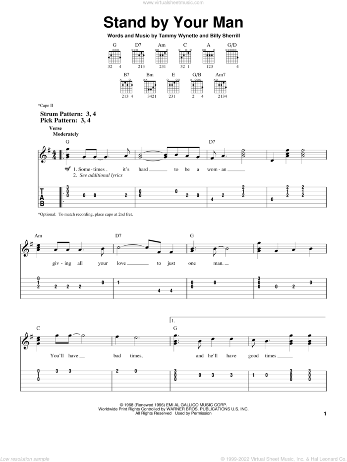 Stand By Your Man sheet music for guitar solo (easy tablature) by Tammy Wynette, Lynn Anderson and Billy Sherrill, easy guitar (easy tablature)