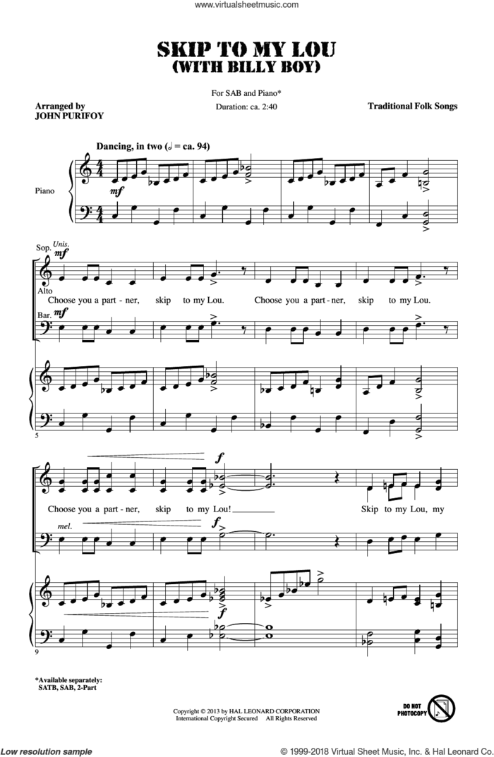 Skip To My Lou (with Billy Boy) sheet music for choir (SAB: soprano, alto, bass) by John Purifoy, intermediate skill level