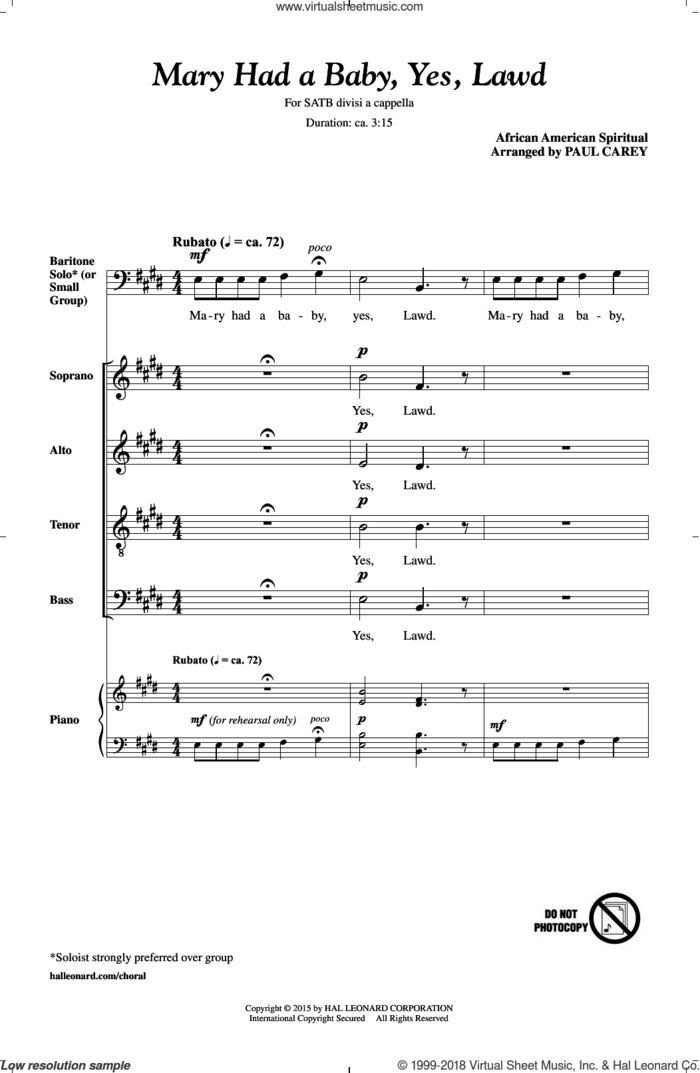 Mary Had A Baby sheet music for choir (SATB: soprano, alto, tenor, bass) by Paul Carey, intermediate skill level