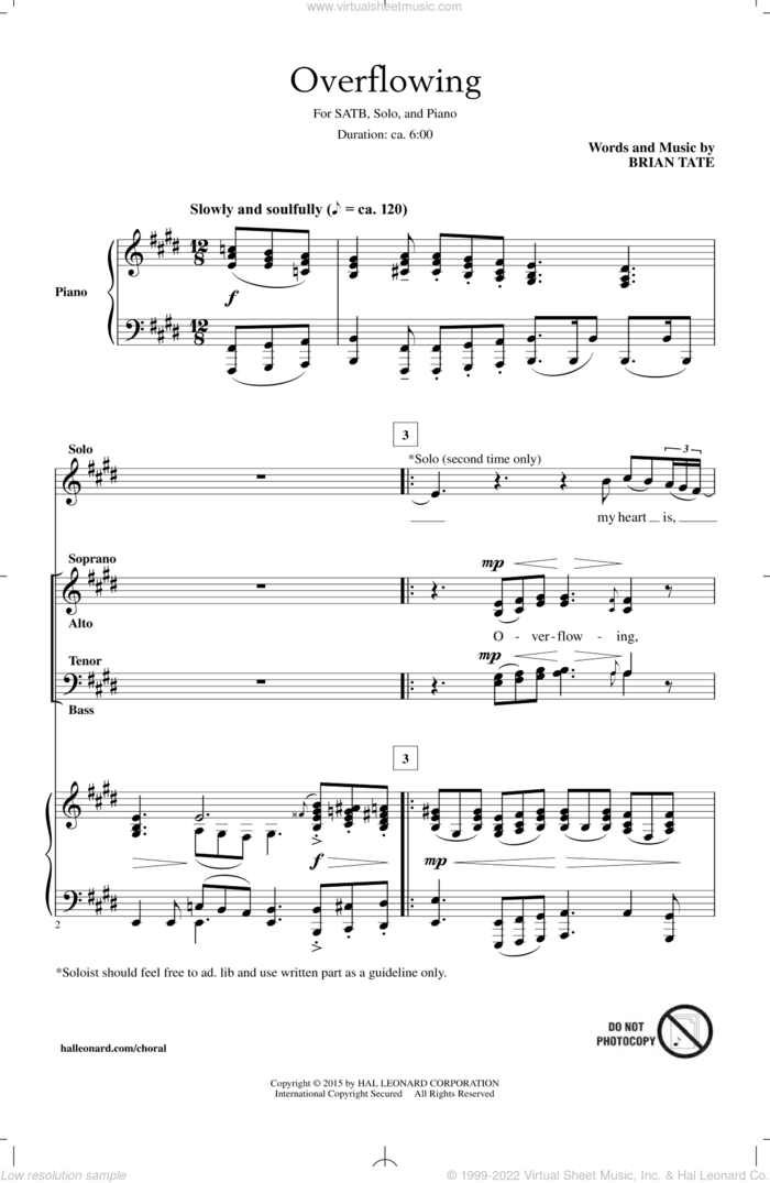 Overflowing sheet music for choir (SATB: soprano, alto, tenor, bass) by Brian Tate, intermediate skill level