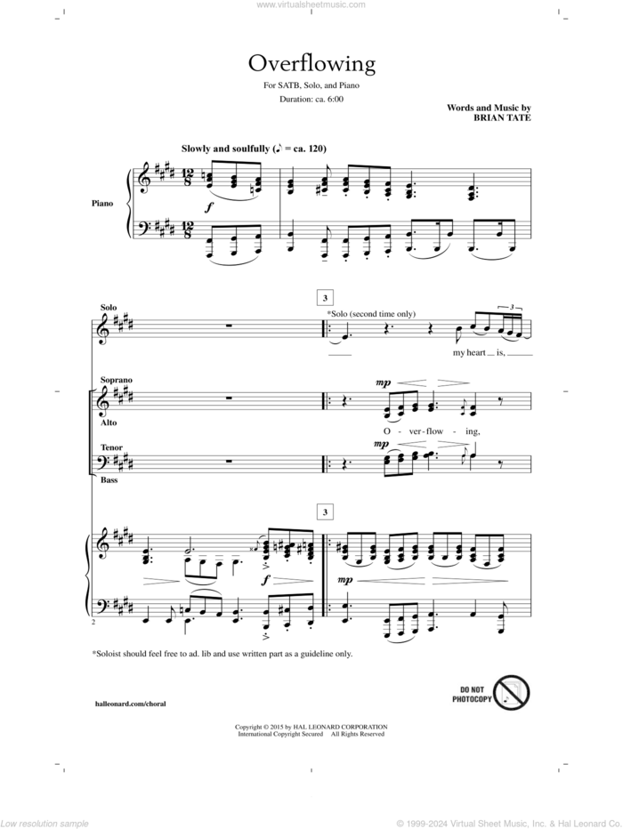 Overflowing sheet music for choir (SATB: soprano, alto, tenor, bass) by Brian Tate, intermediate skill level