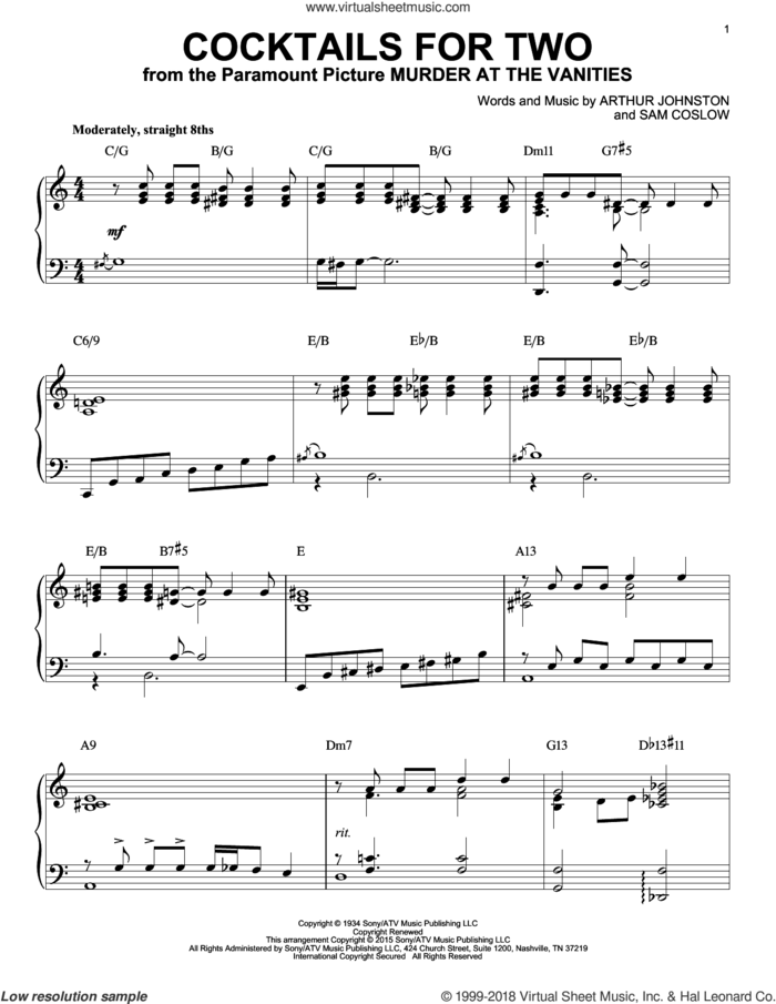 Cocktails For Two [Jazz version] (arr. Brent Edstrom) sheet music for piano solo by Arthur Johnston, Carl Brisson, Miriam Hopkins, Spike Jones & The City Slickers and Sam Coslow, intermediate skill level