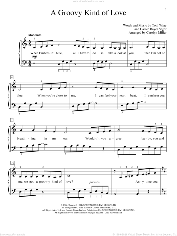 A Groovy Kind Of Love sheet music for piano solo (elementary) by Carole Bayer Sager, Carolyn Miller, John Thompson, Phil Collins, The Mindbenders and Toni Wine, beginner piano (elementary)