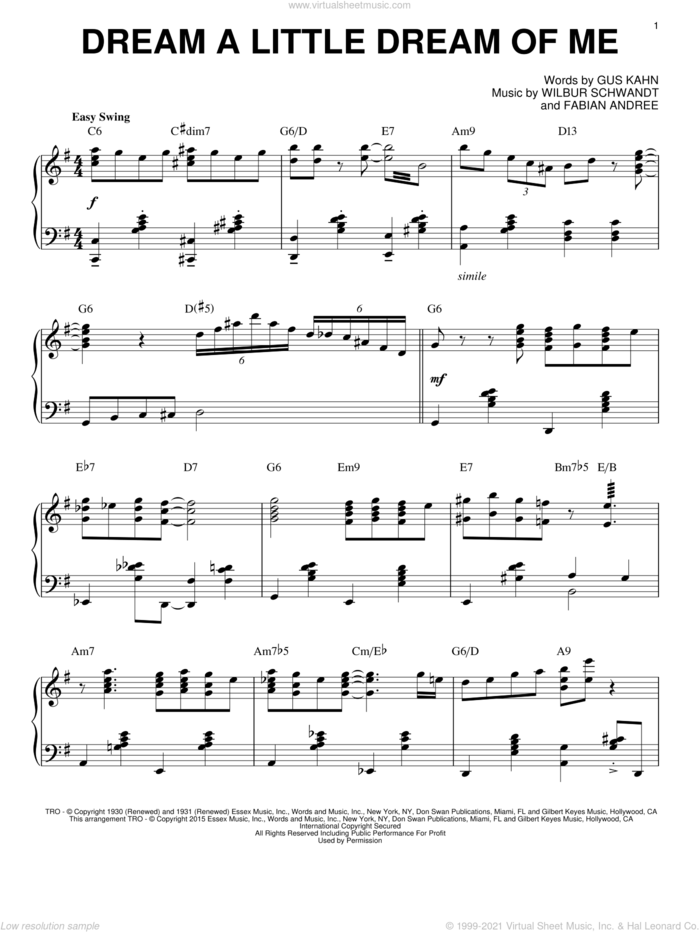 Dream A Little Dream Of Me [Jazz version] (arr. Brent Edstrom) sheet music for piano solo by The Mamas & The Papas, Fabian Andree, Gus Kahn and Wilbur Schwandt, intermediate skill level