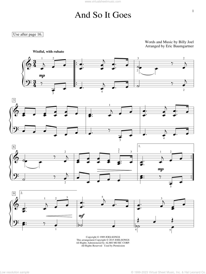 And So It Goes (arr. Eric Baumgartner) sheet music for piano solo (elementary) by Billy Joel, Eric Baumgartner, Glenda Austin and John Thompson, beginner piano (elementary)