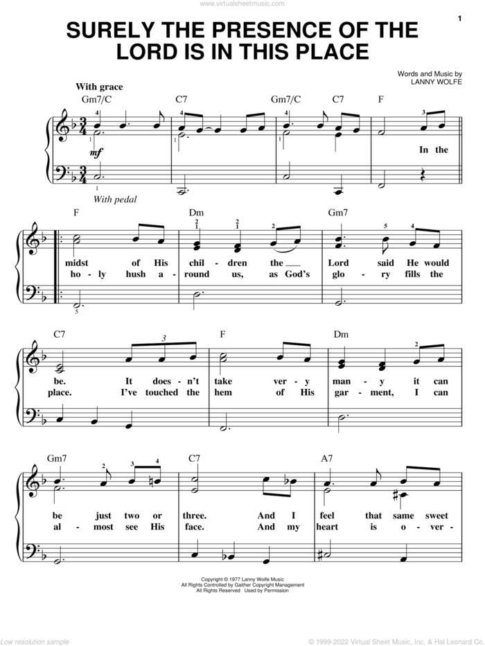 Surely The Presence Of The Lord Is In This Place sheet music for piano solo by Lanny Wolfe, easy skill level