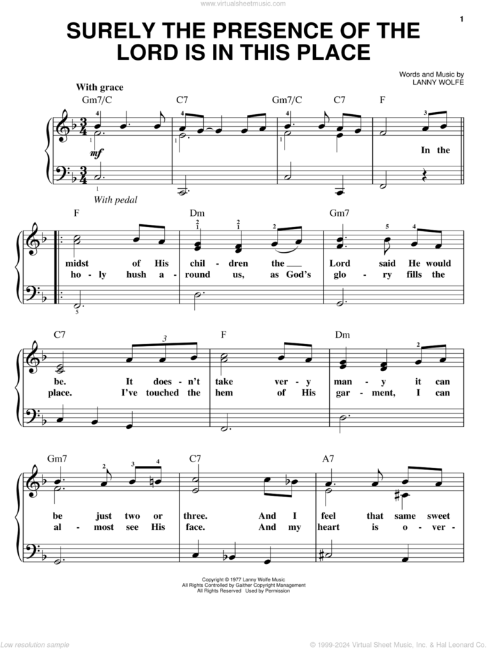 Surely The Presence Of The Lord Is In This Place, (easy) sheet music for piano solo by Lanny Wolfe, easy skill level