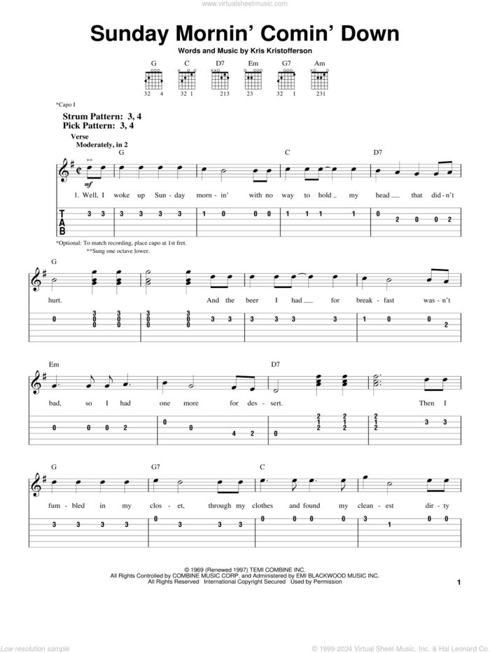 Sunday Mornin' Comin' Down sheet music for guitar solo (easy tablature) by Kris Kristofferson and Johnny Cash, easy guitar (easy tablature)