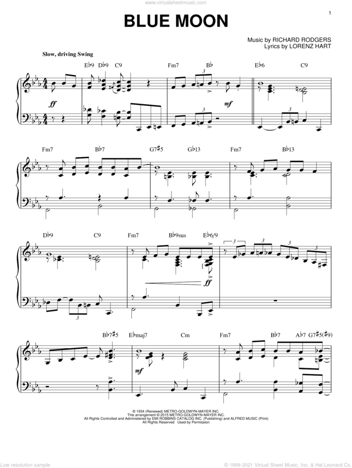 Blue Moon [Jazz version] (arr. Brent Edstrom) sheet music for piano solo by The Marcels, Elvis Presley, Lorenz Hart and Richard Rodgers, intermediate skill level