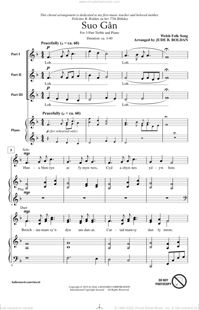 Suo Gan sheet music for choir (3-Part Treble) by Jude Roldan, intermediate skill level
