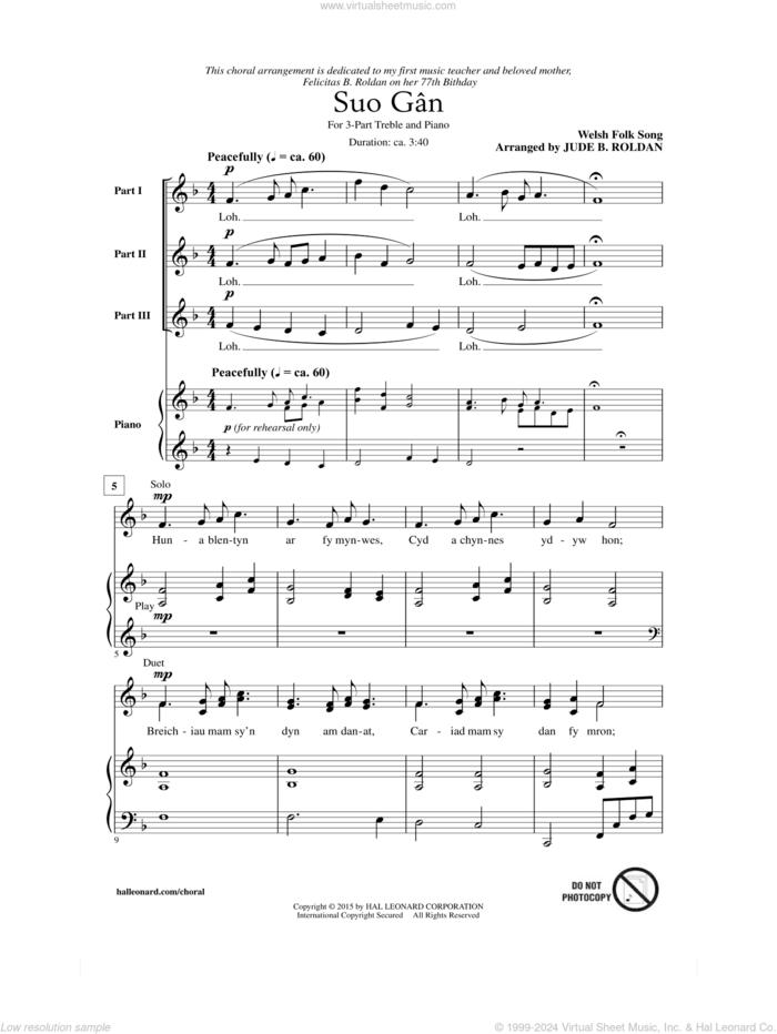 Suo Gan sheet music for choir (3-Part Treble) by Jude Roldan, intermediate skill level