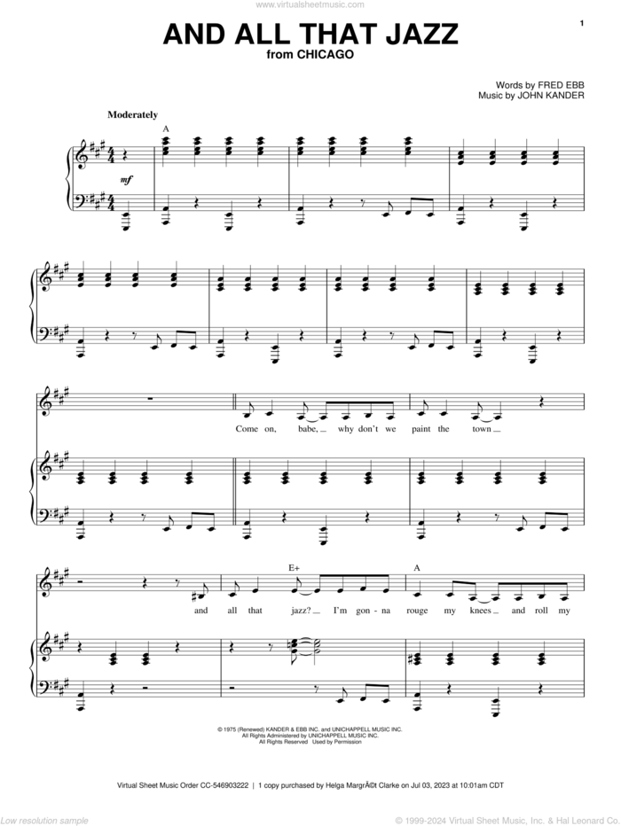 And All That Jazz sheet music for voice and piano by Kander & Ebb, Fred Ebb and John Kander, intermediate skill level