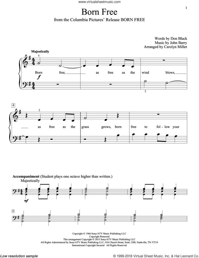 Born Free sheet music for piano solo (elementary) by Don Black, Carolyn Miller, John Thompson, Roger Williams and John Barry, beginner piano (elementary)