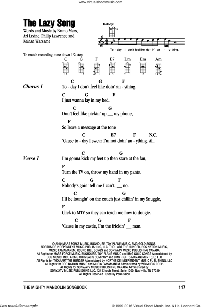 The Lazy Song sheet music for mandolin (chords only) by Bruno Mars, Ari Levine, Keinan Warsame and Philip Lawrence, intermediate skill level