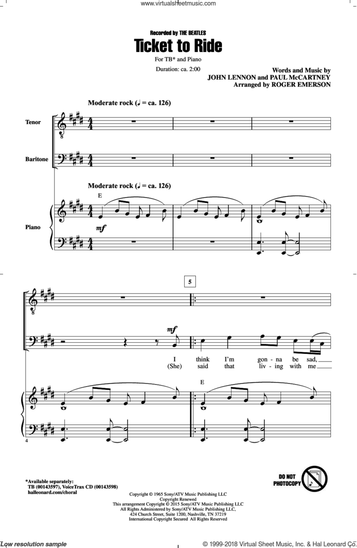 Ticket To Ride sheet music for choir (TB: tenor, bass) by Paul McCartney, Roger Emerson, The Beatles and John Lennon, intermediate skill level