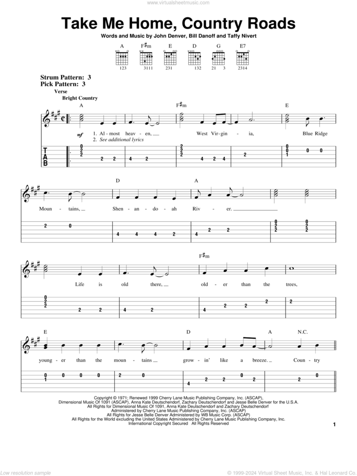 Take Me Home, Country Roads sheet music for guitar solo (easy tablature) by John Denver, Bill Danoff and Taffy Nivert, easy guitar (easy tablature)