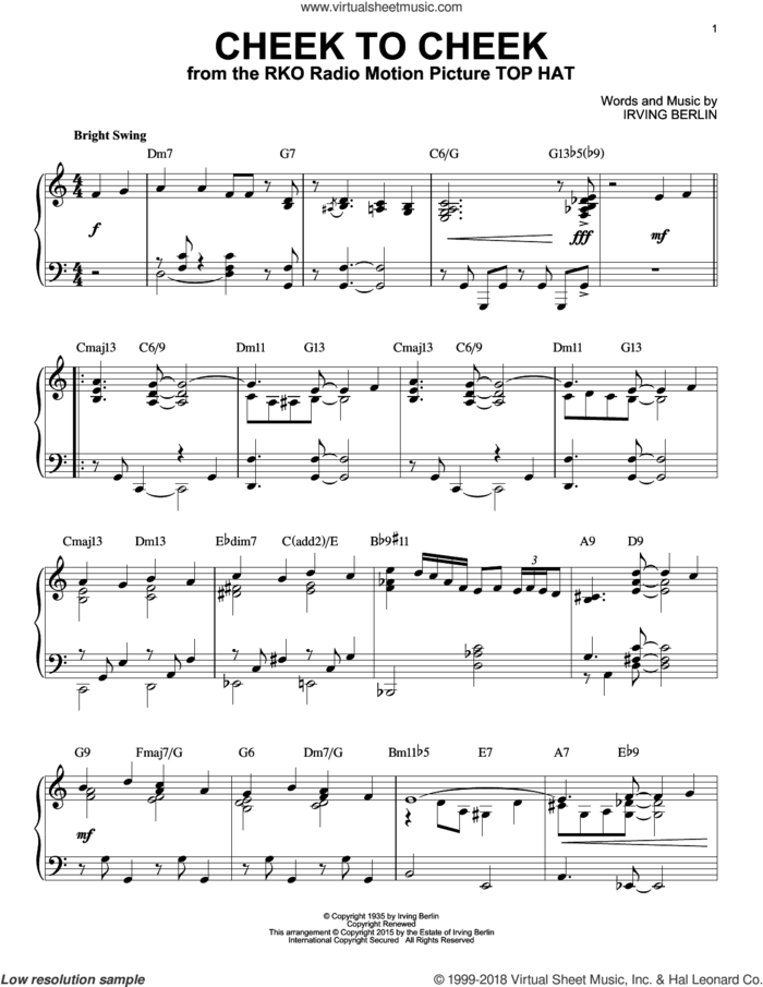 Cheek To Cheek [Jazz version] (arr. Brent Edstrom) sheet music for piano solo by Irving Berlin and Fred Astaire, intermediate skill level