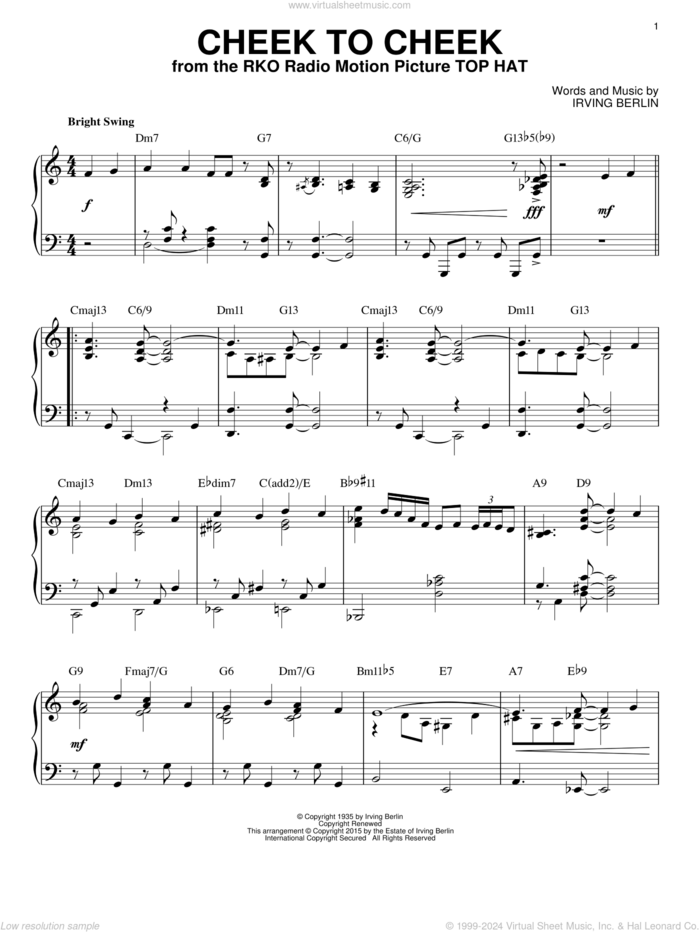 Cheek To Cheek [Jazz version] (arr. Brent Edstrom) sheet music for piano solo by Irving Berlin and Fred Astaire, intermediate skill level