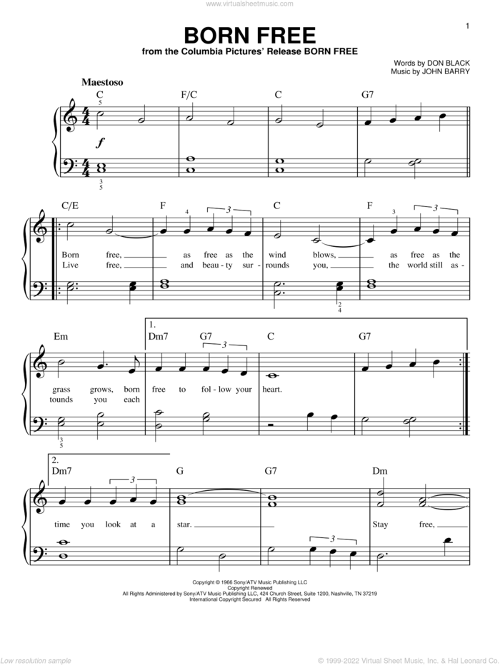 Born Free, (beginner) sheet music for piano solo by Roger Williams, Don Black and John Barry, beginner skill level