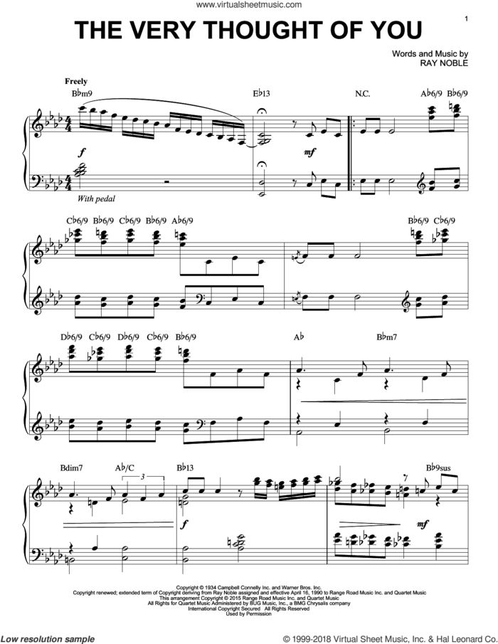 The Very Thought Of You [Jazz version] (arr. Brent Edstrom) sheet music for piano solo by Frank Sinatra, Kate Smith, Nat King Cole, Ray Conniff, Ricky Nelson and Ray Noble, intermediate skill level