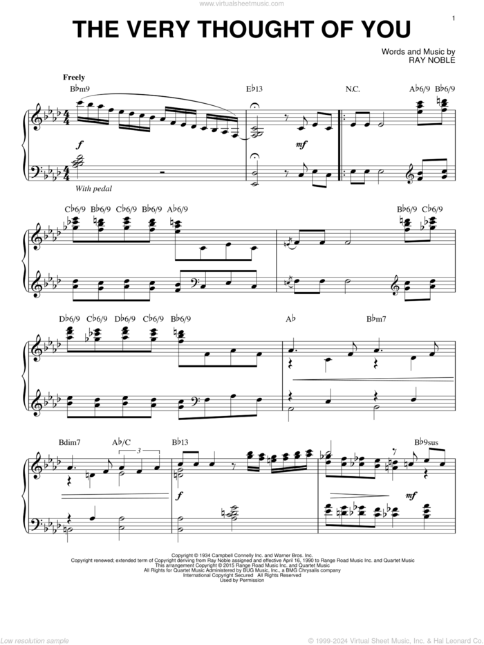 The Very Thought Of You [Jazz version] (arr. Brent Edstrom) sheet music for piano solo by Frank Sinatra, Kate Smith, Nat King Cole, Ray Conniff, Ricky Nelson and Ray Noble, intermediate skill level