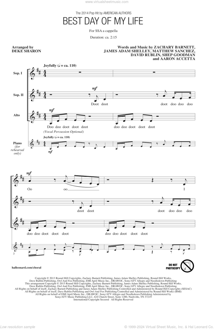 Best Day Of My Life (arr. Deke Sharon) sheet music for choir (SSA: soprano, alto) by Deke Sharon, American Authors, Aaron Accetta, David Rublin, James Adam Shelley, Matthew Sanchez, Shep Goodman and Zachary Barnett, intermediate skill level