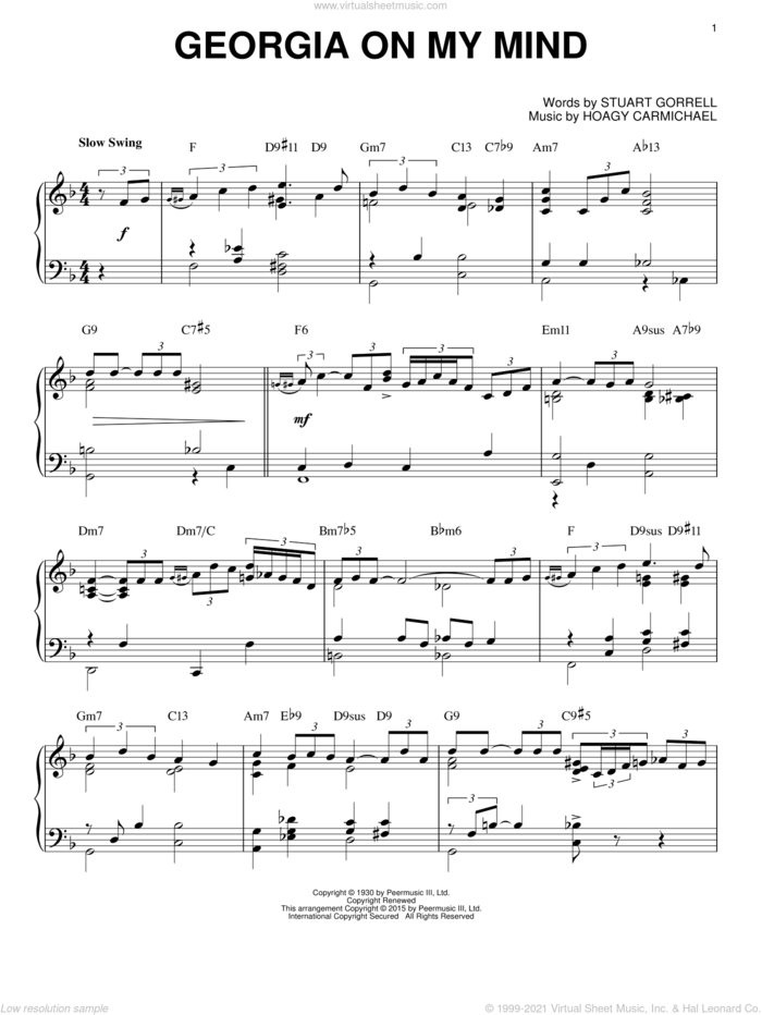 Georgia On My Mind [Jazz version] (arr. Brent Edstrom) sheet music for piano solo by Ray Charles, Willie Nelson, Hoagy Carmichael and Stuart Gorrell, intermediate skill level
