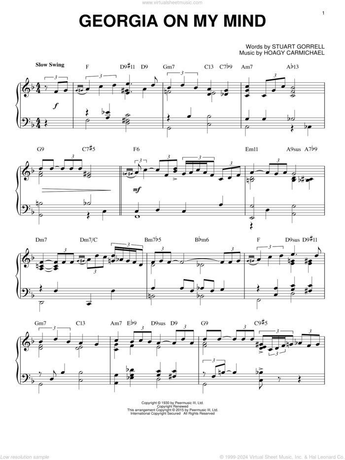 Georgia On My Mind [Jazz version] (arr. Brent Edstrom) sheet music for piano solo by Ray Charles, Willie Nelson, Hoagy Carmichael and Stuart Gorrell, intermediate skill level