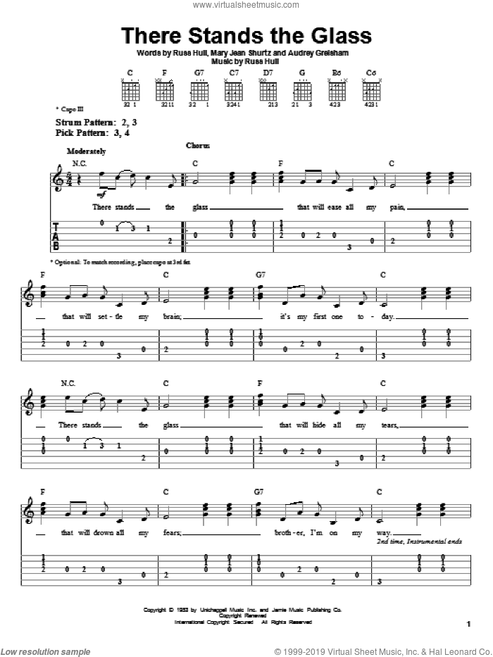 There Stands The Glass sheet music for guitar solo (easy tablature) by Webb Pierce, Audrey Greisham, Mary Jean Shurtz and Russ Hull, easy guitar (easy tablature)
