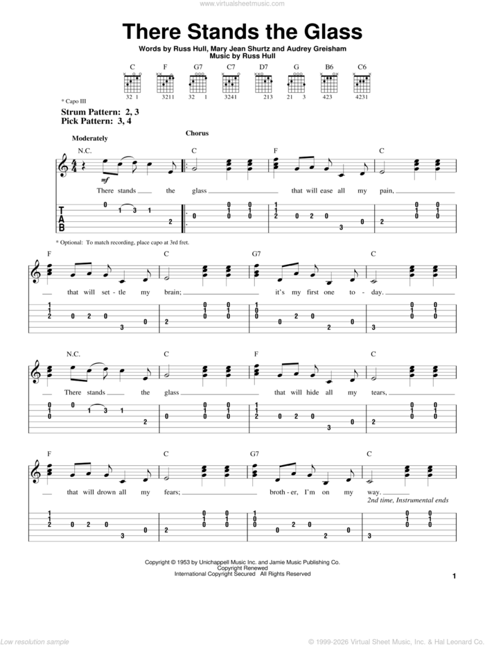 There Stands The Glass sheet music for guitar solo (easy tablature) by Webb Pierce, Audrey Greisham, Mary Jean Shurtz and Russ Hull, easy guitar (easy tablature)