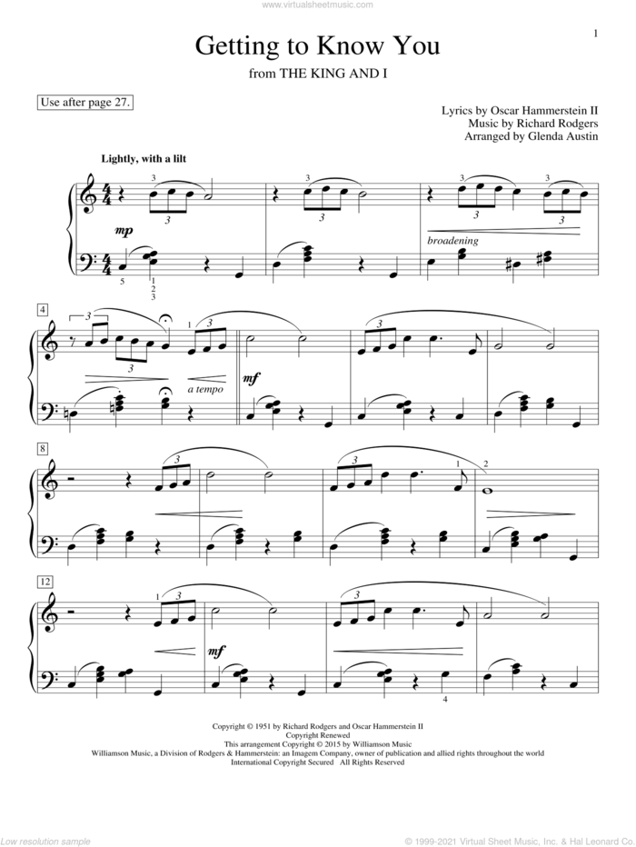 Getting To Know You sheet music for piano solo (elementary) by Richard Rodgers, John Thompson, Eric Baumgartner, Glenda Austin, Rodgers & Hammerstein and Oscar II Hammerstein, beginner piano (elementary)