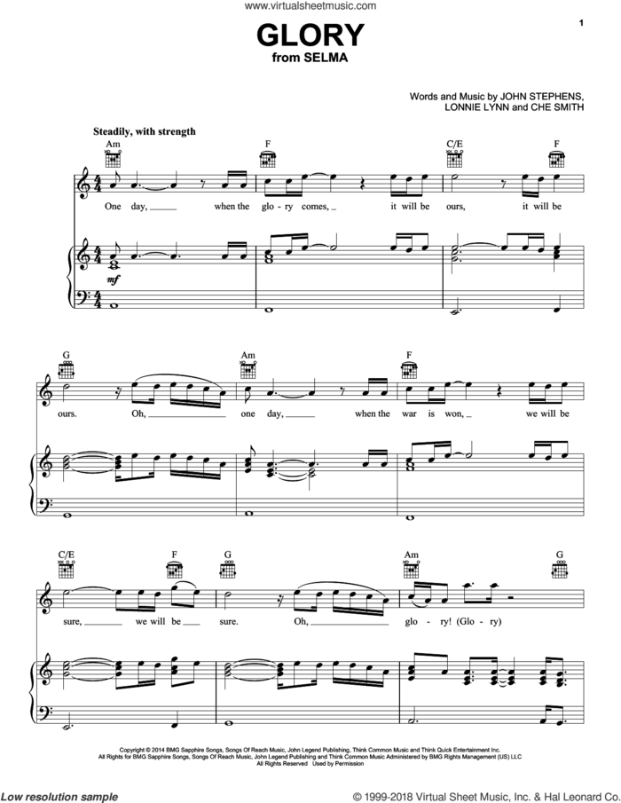 Glory sheet music for voice, piano or guitar by Common & John Legend, John Legen feat. Common, John Legend, Che Smith, John Stephens and Lonnie Lynn, intermediate skill level